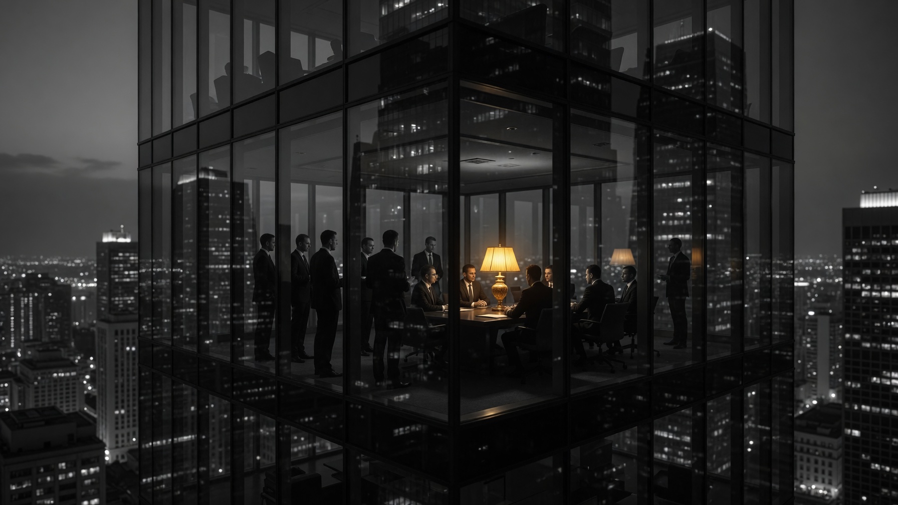 A senior cross-functional squad working late in a glass boardroom, embedded with the client team
